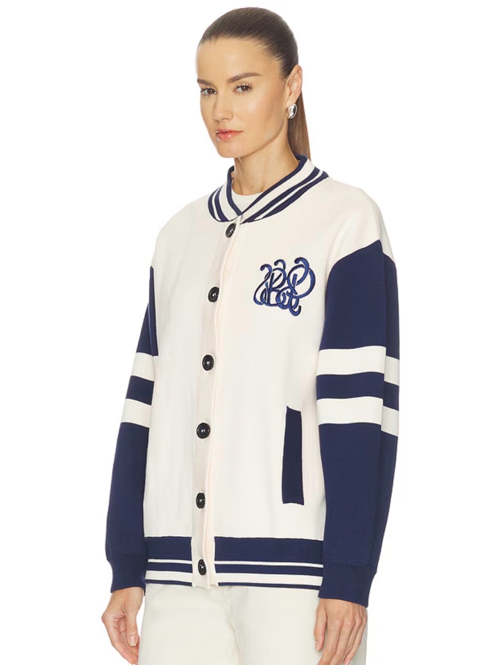 Cream and Navy Contrast-Sleeve Varsity Jacket - Picture 2 of 5